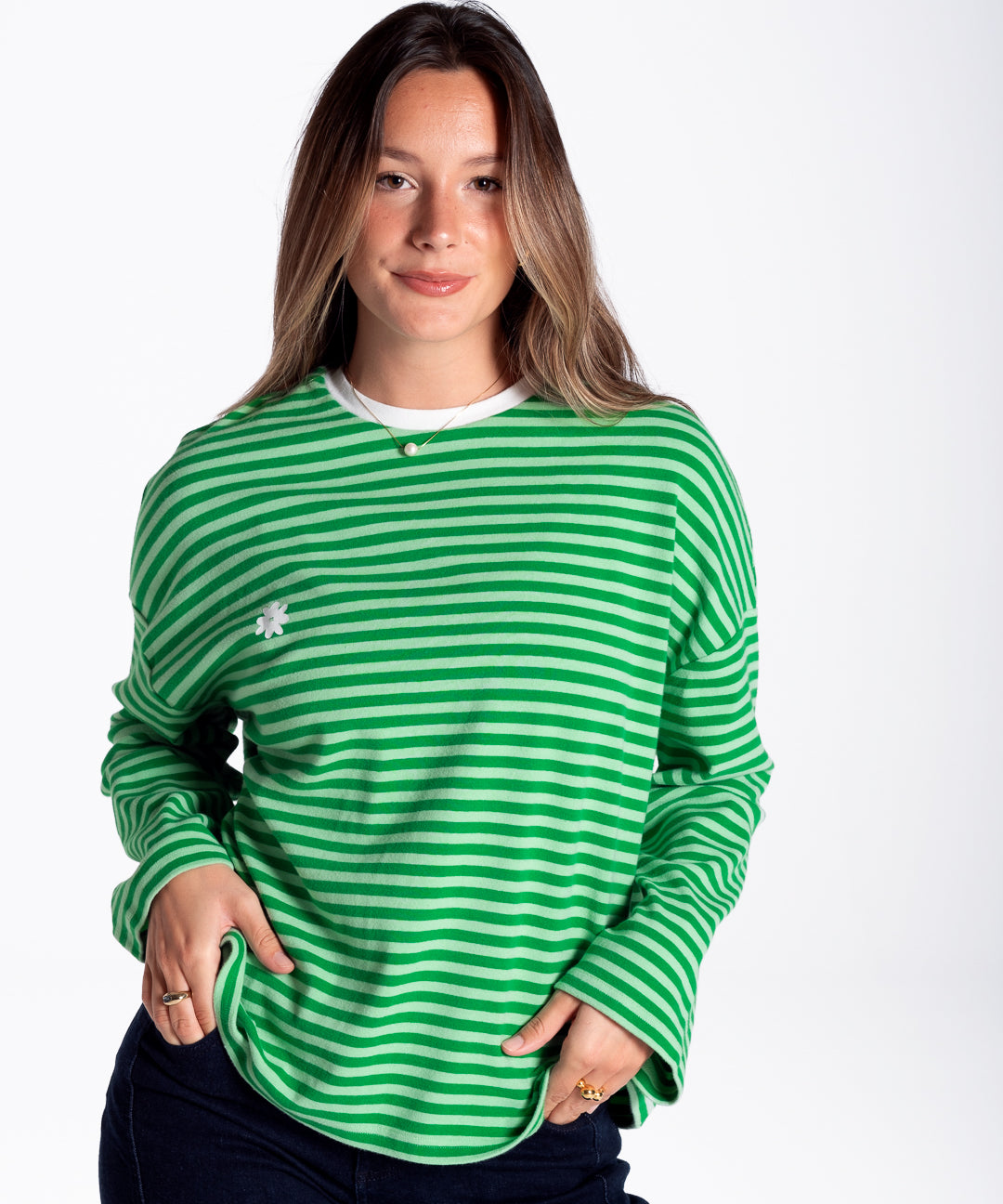 Lucia lleva la talla S y mide 1,73m